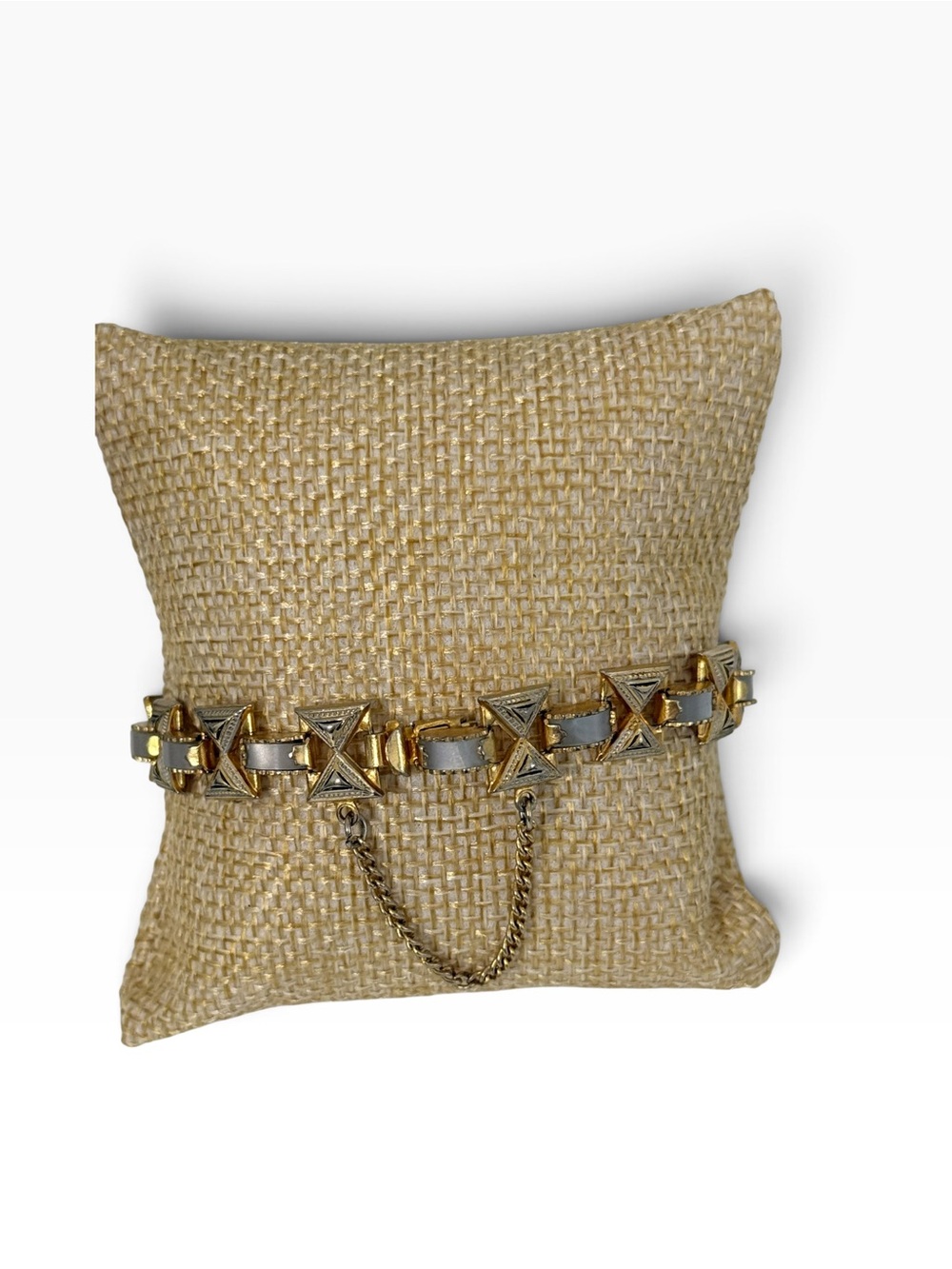 vintage Toledo-style damascene link bracelet featuring geometric mother of pearl